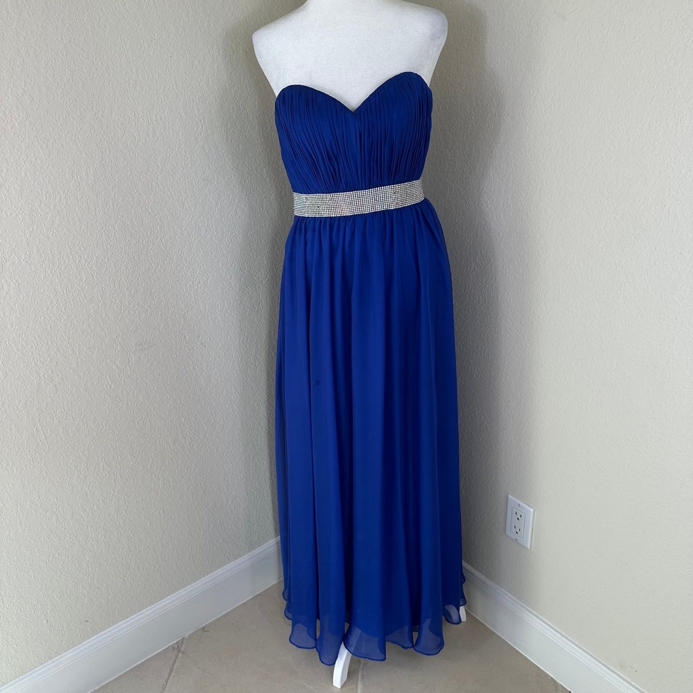 La Femme Strapless Maxi Dress Women's 2 Blue Rhinestone Chiffon Prom Formal Gown